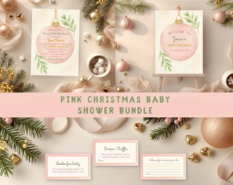 Christmas Baby Shower Editable Invitation Template Bundle, Pink Baby Girl Christmas Ornament Invite, Winter Baby Shower