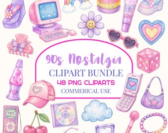 90’s Nostalgia Clipart Bundle, Pastel Watercolor Y2K PNG, Cute Nostalgic Clipart, Retro Graphics, Commercial Use