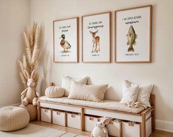 Christian Hunting Nursery Gallery Wall Print Set, Duck Deer Bass Kids Room Biblical Scripture Prints, Country Farm Baby Nursery