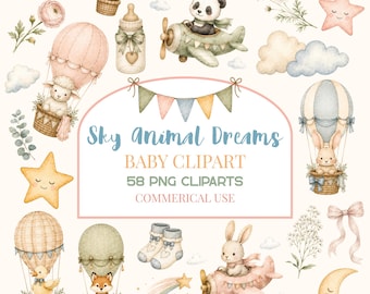 Sky Animal Dreams Baby Clipart Bundle, Watercolor Nursery Animals PNG, Hot Air Balloon Clipart, Airplane Clipart, Commercial Use