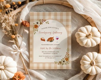 Editable Thanksgiving Party Invitation, Friendsgiving Dinner Party Invite, Thanksgiving Gingham Fall Invite