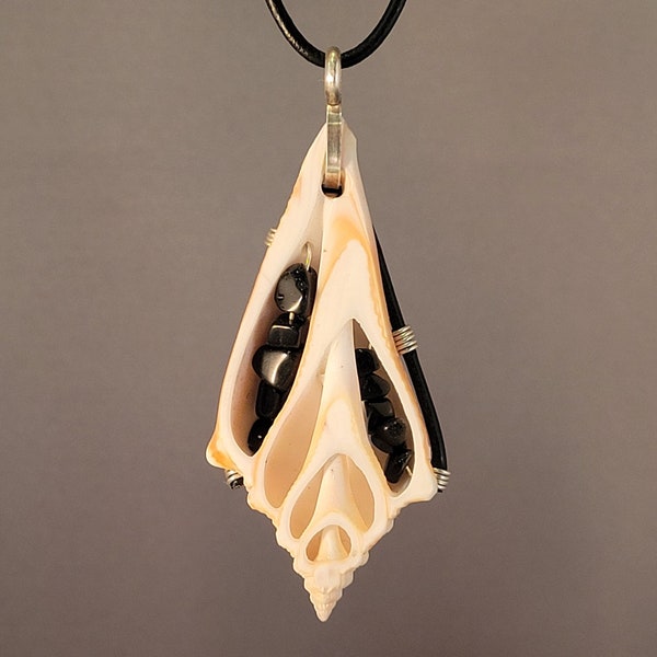 Sliced Conch Sea Shell Pendant Drilled with Silver Wire, Black Onyx Beads and Black Leather with a Silver Bail.