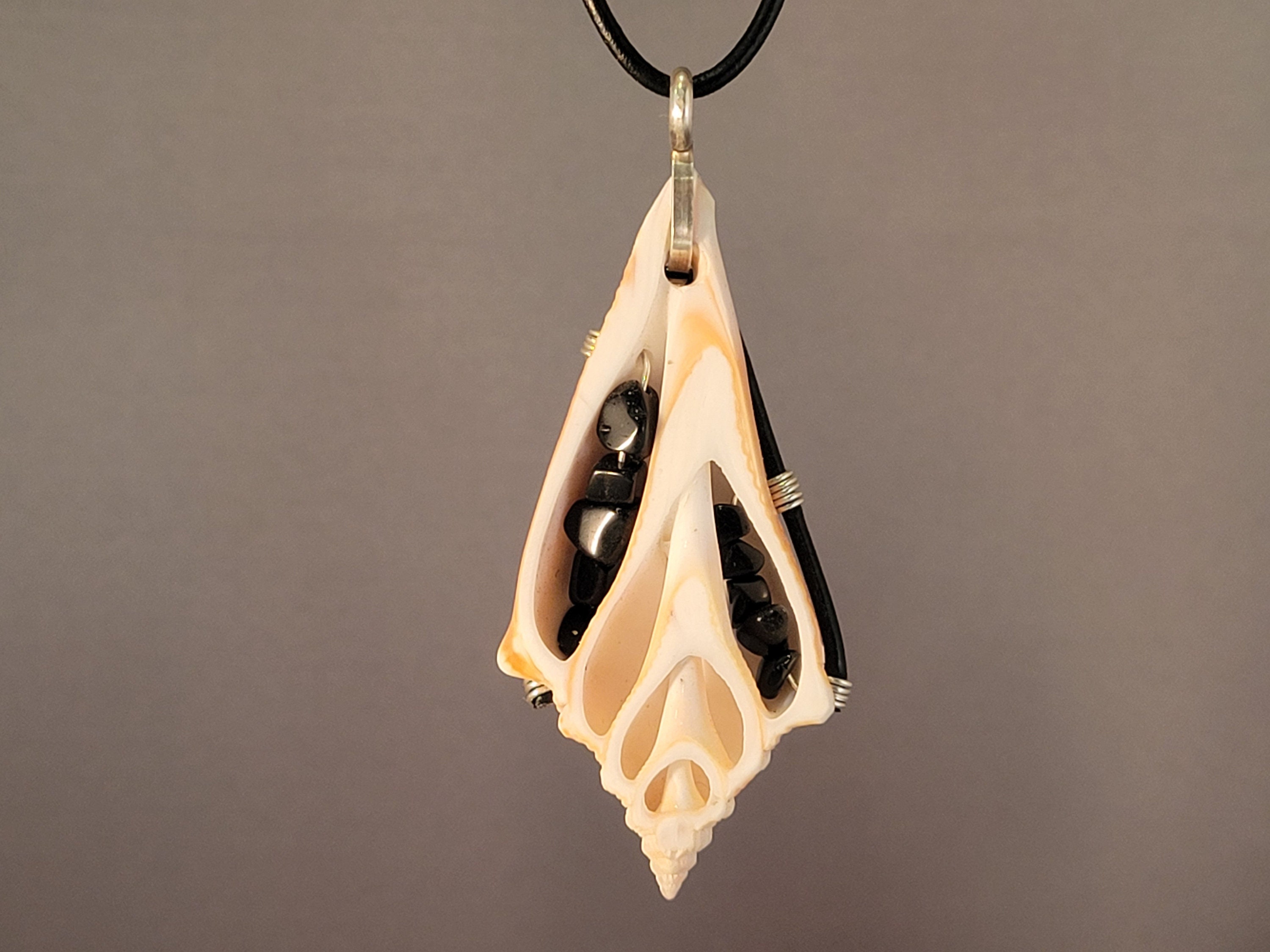 Sliced Conch Sea Shell Pendant Drilled With Silver Wire, Black Onyx ...