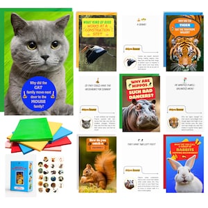 May include: A collection of colorful greeting cards and stickers featuring animal-themed jokes and facts. The cards showcase a variety of animals, including a cat, tiger, hippo, and squirrel, with humorous questions and answers. The stickers feature various animal illustrations.