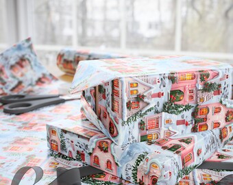 Christmas Wrapping Paper, Pink Winter Village Gift Wrap