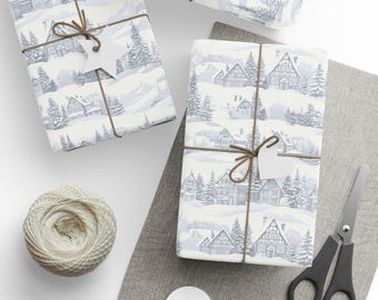Cadeauverpakking Winter Village: neutraal inpakpapier voor een vakantiehuis met sneeuw