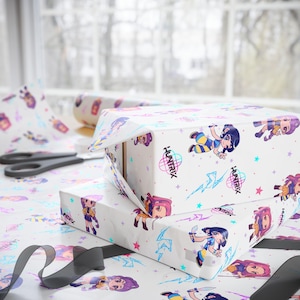 Papel de regalo de anime K-Pop Demon Hunter / Papel de regalo chibi lindo / Papel de regalo con personajes kawaii / Arte pop coreano / Hojas de papel de regalo estéticas