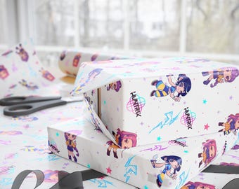 Papel de regalo de anime K-Pop Demon Hunter / Papel de regalo chibi lindo / Papel de regalo con personajes kawaii / Arte pop coreano / Hojas de papel de regalo estéticas