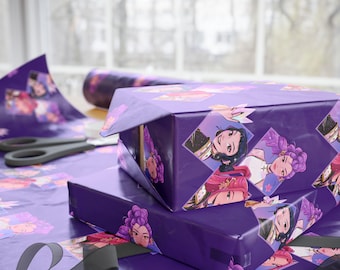Papel de regalo de Kpop Demon Hunters / Papel de regalo morado de anime, papel de regalo con estética K-Pop, inspirado en Demon Slayer, papel de regalo con ilustraciones llamativas