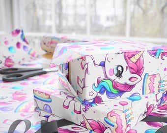 Papel de regalo de cumpleaños de unicornio: poni arcoíris, pasteles y globos