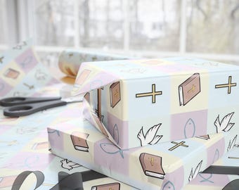 Christian Gift Wrap: Pastel Cross, Bible & Dove Design