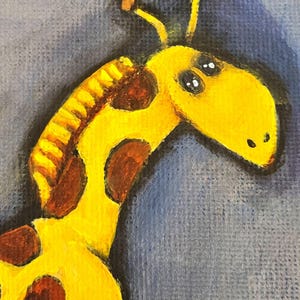 May include: A close-up painting of a giraffe's head and neck. The giraffe is primarily yellow with brown spots and accents. The background is a textured blue-gray. The giraffe has two small brown horns and a long neck.