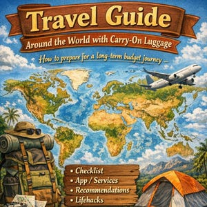 Könnte beinhalten: Ein Reiseführer-Cover mit dem Titel "Travel Guide" über dem Text "Around the World with Carry-On Luggage". Das Bild zeigt eine Weltkarte, einen Rucksack, ein Flugzeug und ein Zelt. Der Reiseführer bietet Checklisten, Apps/Dienste, Empfehlungen und Lifehacks.