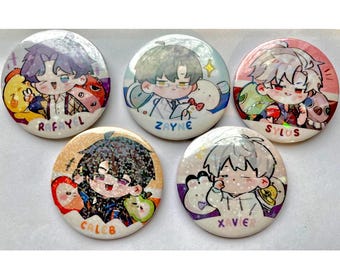 May include: Five round pinback buttons featuring anime-style character illustrations. Each button has a different character with a unique design and name: Rafayl, Zayne, Sylus, Caleb, and Xavier. The buttons have a glossy finish.