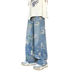 Women&#39;s Floral Baggy Denim Pants - Vintage Aesthetic Printed Baggy Wide Leg Jeans - High Waisted Streetwear Jeans - Hip Hop Fashion Bottoms