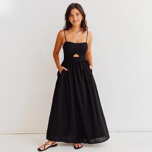 Woman Cotton Black Hollow Out Maxi Dress - Elegant Spaghetti Strap Summer Dress - Casual Flowy Party Attire - Minimalist Long Beach Wear