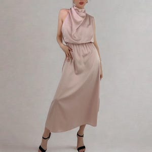 Elegant High Neck Satin Maxi Dress -  Woman Evening Cocktail Event Dress - Wedding Dress -  Minimalist Bridesmaid Dress - Ladies Party wear