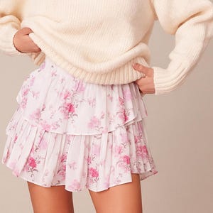 Floral Ruffle Mini Skirt For Women - High Waist Chiffon Skirt - Lightweight Summer Skirt - Cute Everyday Wear Skirt - Vintage Inspired Skirt