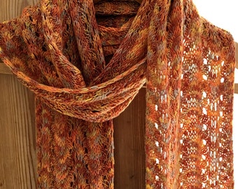 Hand knitted lace scarf long lightweight merino wool copper and russet wrap soft and silky wool luxury gift for her for him, charity sale