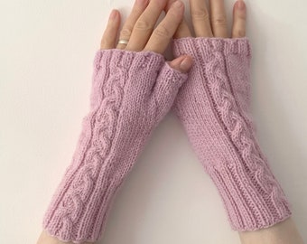 Blush pink fingerless gloves, soft wool alpaca warm hand knitted wrist mittens, cosy texting gloves, stocking filler, charity sale