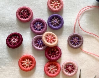 4 Handmade Dorset buttons, 20-22mm hand stitched pink and purple buttons, decorative slow stitch thread buttons, sewing gift, not for profit