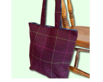 Red Harris Tweed bag, handmade maroon red check tote shopper, bag gift for mum or best friend, handy everyday shopping shoulder bag nfp