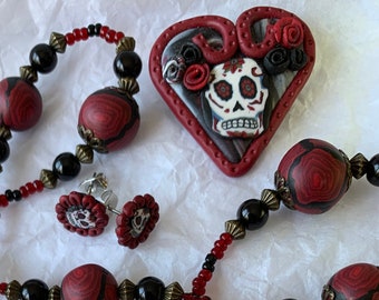 Sugar skull earrings, bracelet and brooch, muerto de dios day of the dead ceramic jewellery, skulls and roses goth gift, not for profit