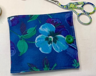 Blue pansies needle case, handmade sewing pins and needles gift for a stitcher, knitter or quilter, vintage fabric needlebook, charity sale