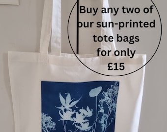 Hand dyed tote bag botanical print shoulder shopping bag indigo blue natural sun printed unique practical  reusable bags made for charity