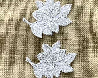 White and silver applique, iron-on vintage embroidered leaf motifs for bridal trim / decoration, wedding sewing or crafting, charity nfp