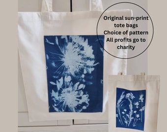 Hand printed shoulder bag, botanical sun print tote with nature design, shopping bag indigo blue unique practical  reusable bags for charity