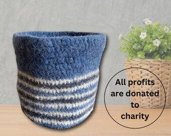 Felted crochet bowl, craft or bedside storage, sturdy organiser basket multi-purpose washable storage bowl, plants, keys, cables for charity