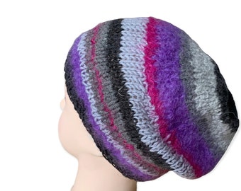 Handknit striped slouchy beanie hat, oversized winter wool medium large baggy grunge hat for men women, gender neutral, charity sale