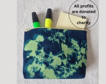 Eco printed cosmetics bag, multipurpose storage make up or jewellery travel pouch, small purse for notions craft or cables, for charity nfp