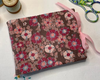 Pink brown flower needle case sewing essential gift for a quilter or crafter upcycled vintage fabric needlebook sewing gift charity sale nfp