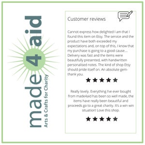 May include: Customer reviews for made4aid, an Etsy shop that sells handmade crafts and donates proceeds to charity. The reviews highlight the excellent customer service, fast shipping, and beautiful, well-made items. The shop is described as an "absolute gem".
