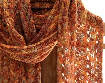 Hand knitted lace scarf long lightweight merino wool copper and russet wrap soft and silky wool luxury gift for her for him, charity sale