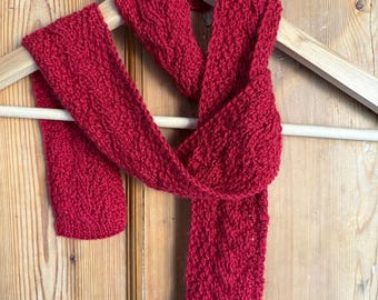 Hand Knit Baby Alpaca Silk Scarf: Crimson Cable Knit Neck Warmer
