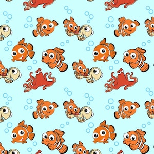 Disney Cartoon Nemo Fish Print Cotton Fabric-Soft 100% Cotton for Kids Clothes-Finding Nemo- 55" Wide - Sold by 1/2 Yard