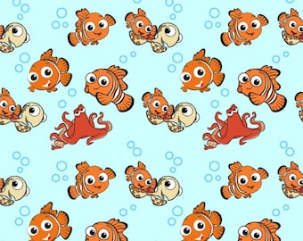 Disney Cartoon Nemo Fish Print Cotton Fabric-Soft 100% Cotton for Kids Clothes-Finding Nemo- 55&quot; Wide - Sold by 1/2 Yard