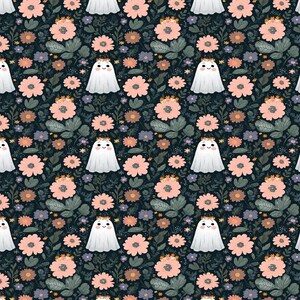 May include: A repeating pattern featuring white ghosts with smiling faces and small flower crowns on their heads, interspersed among large pink flowers, smaller purple blossoms, and dark green foliage on a dark navy blue background.
