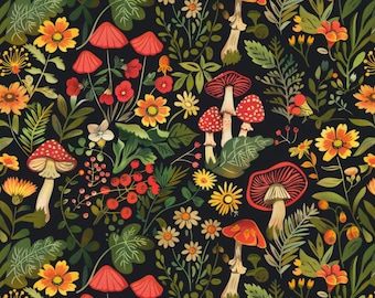 Fairytale mushroom pattern Print Cotton Fabric-Soft 100% Cotton for Kids Clothes-Forest Mushroom Designs - 55&quot; Wide - Sold by 1/2 Yard