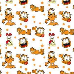 Pode incluir: Um padrão repetitivo com o personagem de desenho animado Garfield em várias poses, junto com um personagem de cachorro e bolinhas laranja em um fundo branco. Garfield é retratado em laranja com contornos pretos, e o cachorro é branco e amarelo com detalhes em vermelho.