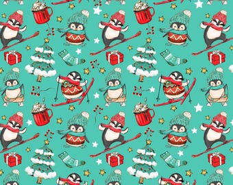 Christmas Skiing Penguin Cotton Fabric-Soft 100% Cotton for Kids Clothes-Cute Christmas Designs - 55" Wide - Sold by 1/2 Yard