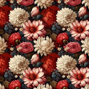 May include: A repeating floral pattern with red, cream, and pink flowers. The design includes large chrysanthemums, roses, and smaller blossoms, set against a dark background with green foliage. The pattern is suitable for fabric or wallpaper.
