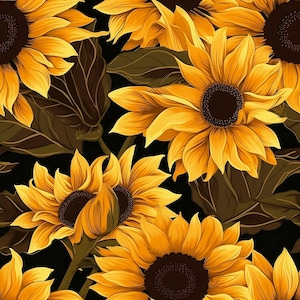 Peut inclure: Motif répété de tournesols jaunes vifs avec des centres brun foncé et des feuilles vertes sur fond noir. Les tournesols sont à différents stades de floraison, créant un design floral dynamique et visuellement attrayant.