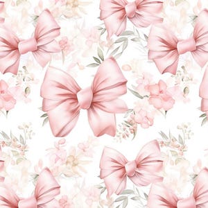 Pode incluir: Padrão contínuo com laços rosa claro e elementos florais sobre fundo branco. Os laços apresentam sombreamento suave e detalhes florais. O conjunto é delicado e romântico, ideal para criações femininas.