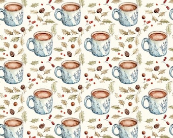 Retro Teetasse mit Kaffee Print Baumwollstoff-Weich 100% Baumwolle für Kinder Kleidung-Teetasse Designs - 145 cm breit - Verkauft per 1/2 Yard