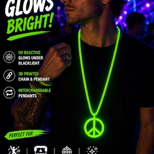 May include: A bright neon green 3D printed chain necklace with a peace sign pendant that glows under UV blacklight. The text on the image reads UV REACTIVE GLOWS BRIGHT, UV REACTIVE GLOWS UNDER BLACKLIGHT, 3D PRINTED CHAIN & PENDANT, INTERCHANGEABLE PENDANTS, PERFECT FOR RAVES, FESTIVALS, CLUBS, BLACKLIGHT PARTIES, and NOT GLOW-IN-THE-DARK REQUIRES UV OR BLACKLIGHT TO GLOW.