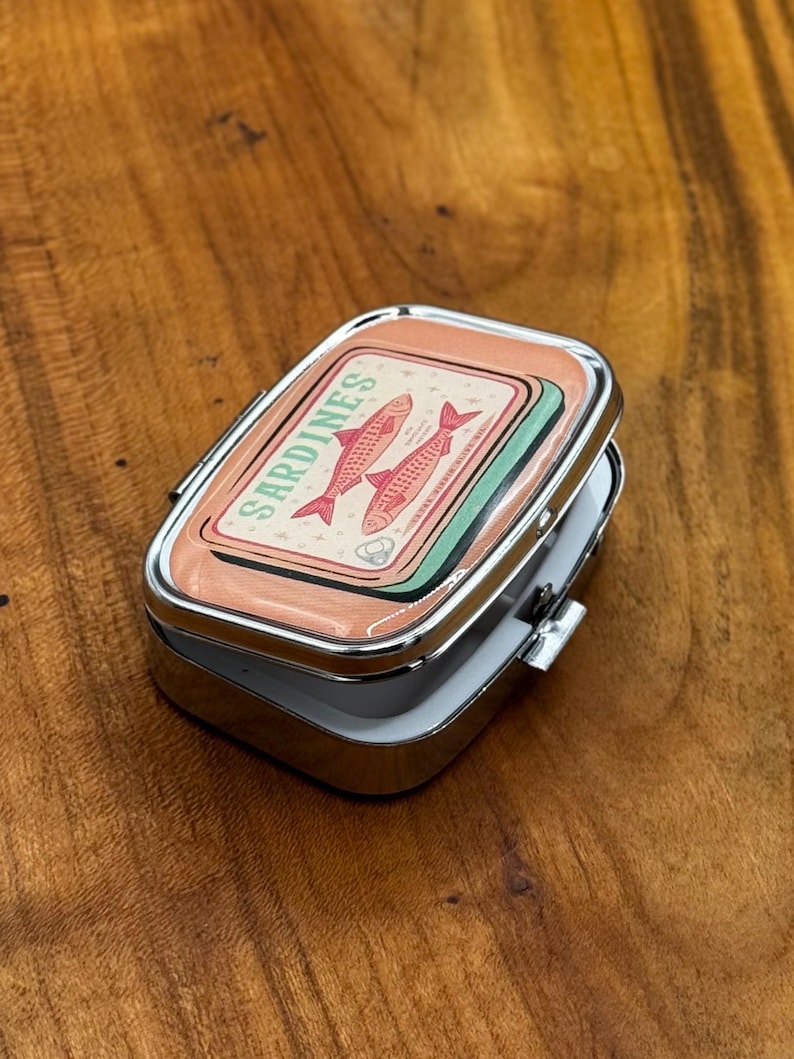 Funny Pill Case Pocket Size – Sardine Tin & Vintage Label Designs – Portable Medicine Organizer – Cute Gift Idea 2